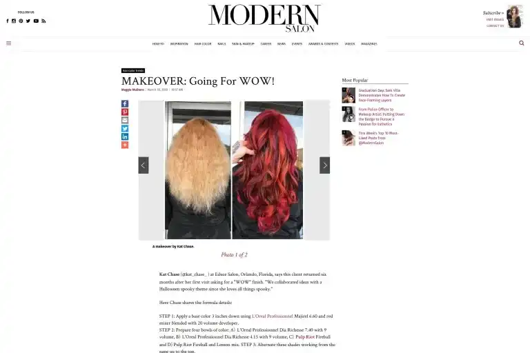 Red hair transformation from blonde on the Modern Salon website.