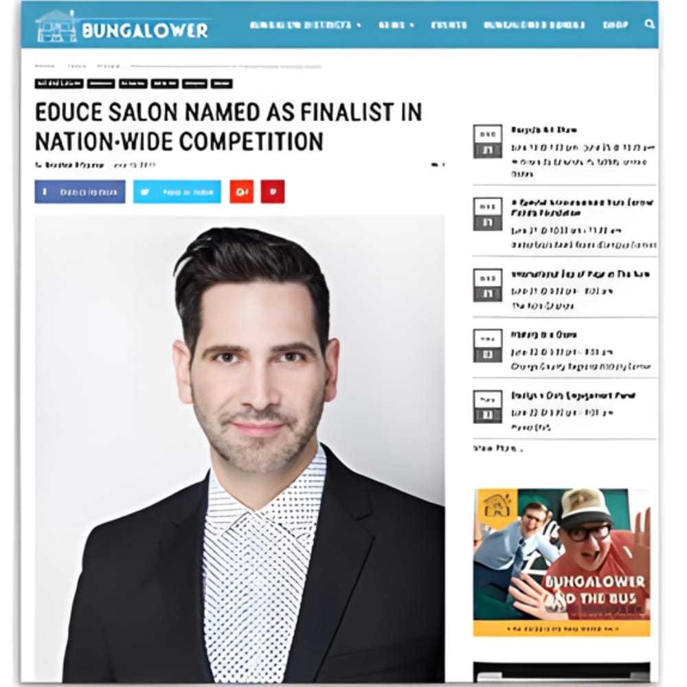 Newspaper article reads: "Educe Salon Named as Finalist in Nationwide Competition.