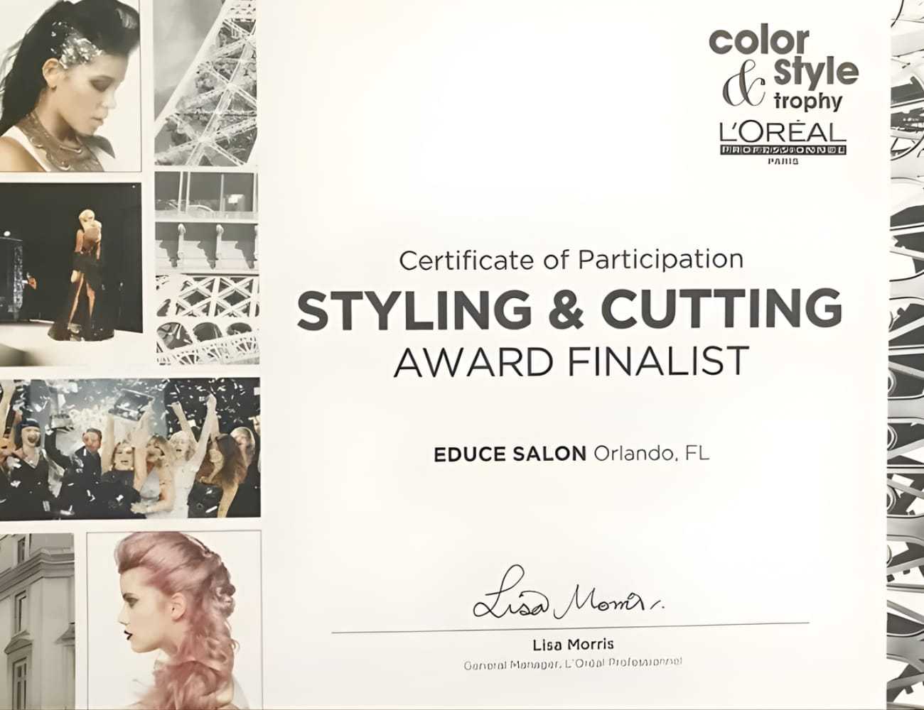Certificate showing Styling & Cutting Award Finalist for Educe Salon, Orlando, FL.