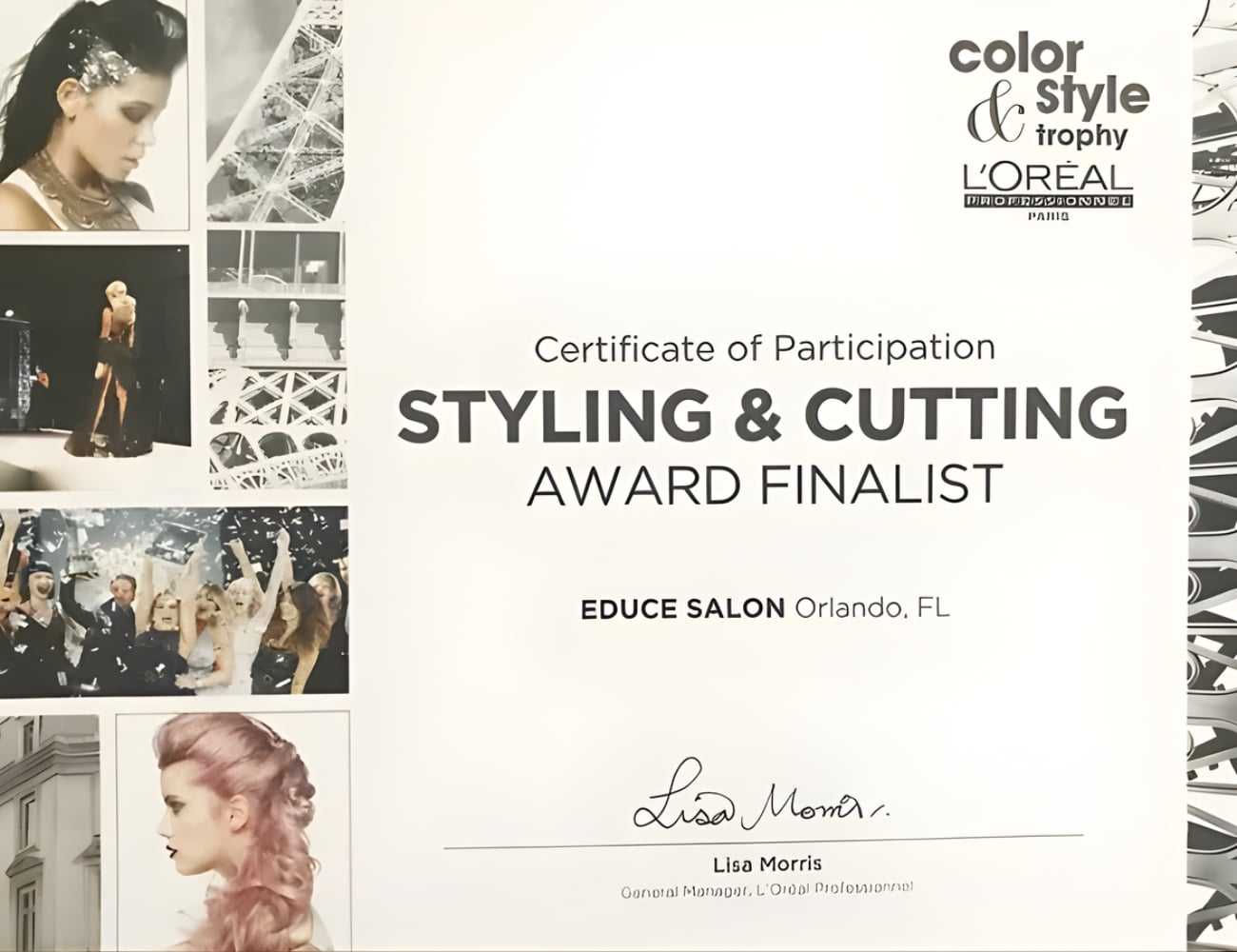 Certificate showing Styling & Cutting Award Finalist for Educe Salon, Orlando, FL.
