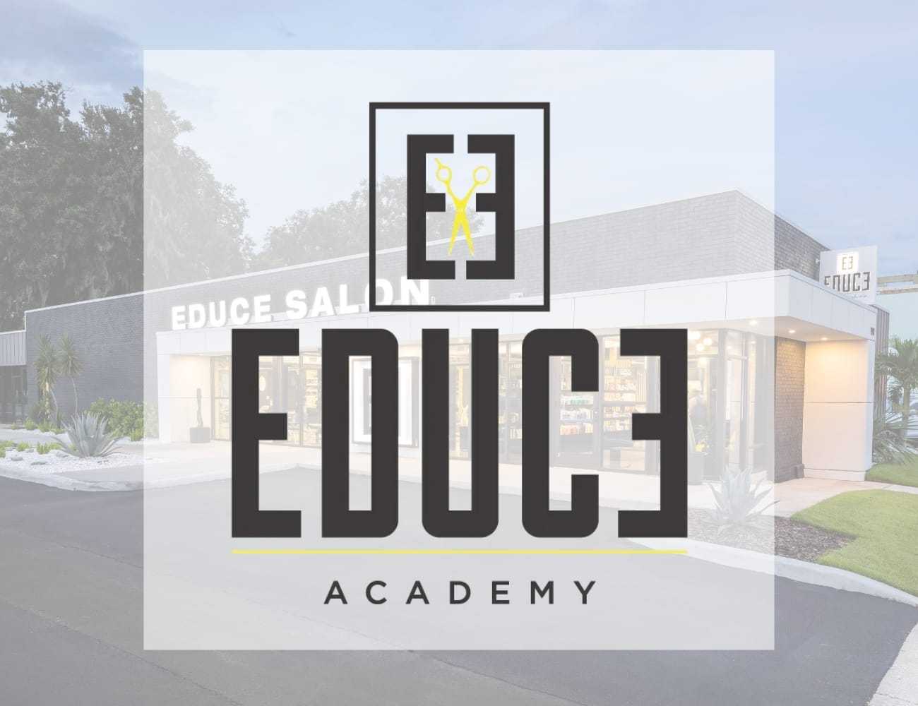 Educe Salon Academy building with scissors logo overlay.