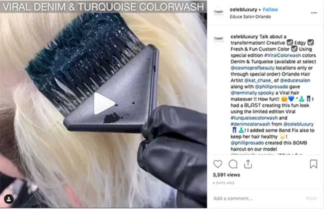 Highlighting a hair color transformation using viral denim and turquoise hair dye.