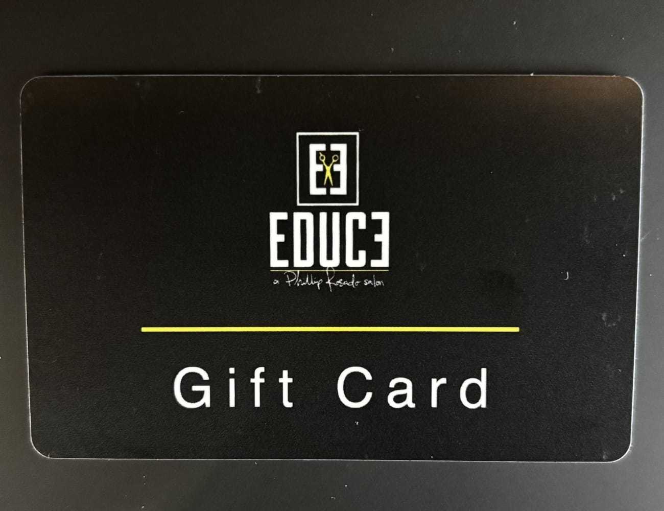 Gift card with "EDUC3: A Phillip Kroske Salon" logo on a black background.