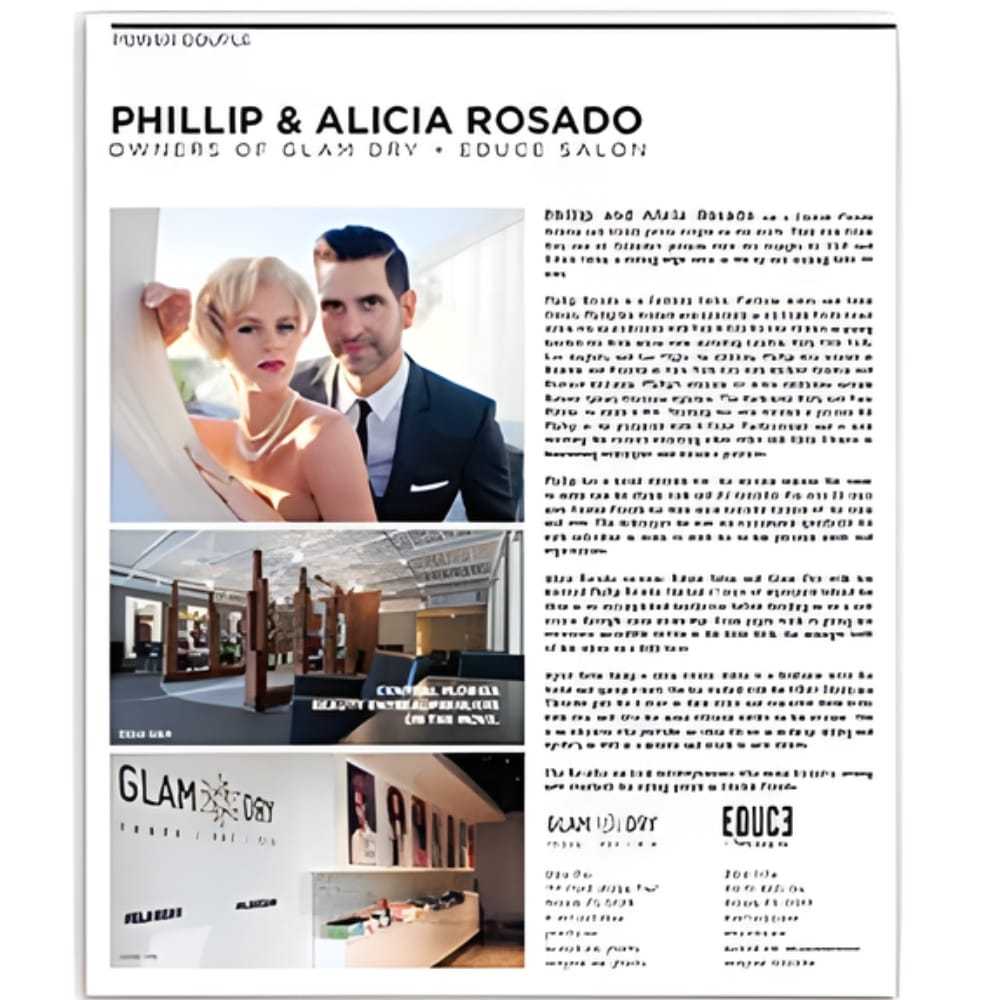 Magazine page showing a couple, salon interior, and text about Glam Dry Educo Salon owners.