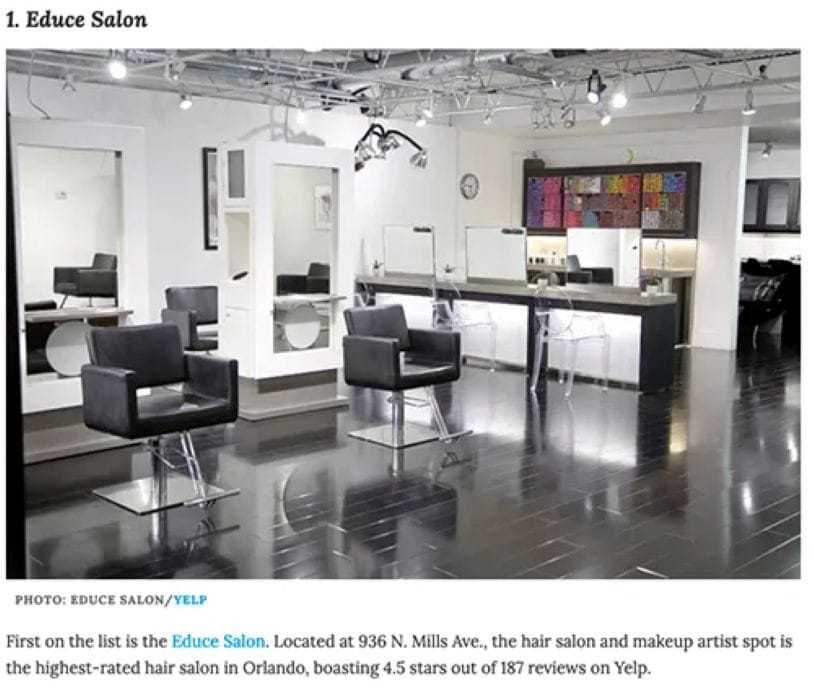 Modern salon interior with styling stations and mirrors. Highly rated, located in Orlando.